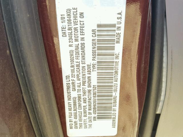 4S3BH635516307531 - 2001 SUBARU LEGACY L BURGUNDY photo 10