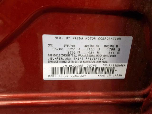 JM1BK323681138398 - 2008 MAZDA 3 S RED photo 10