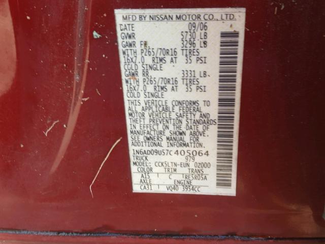 1N6AD09U57C405064 - 2007 NISSAN FRONTIER C RED photo 10