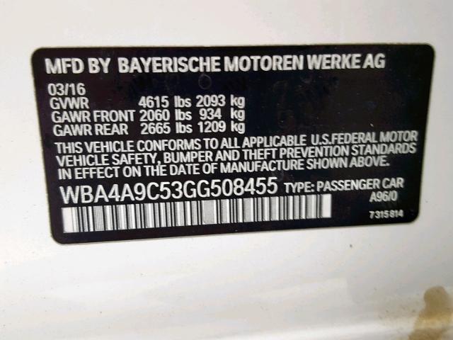 WBA4A9C53GG508455 - 2016 BMW 428 I GRAN WHITE photo 10