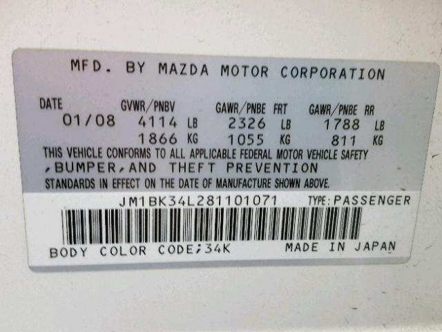 JM1BK34L281101071 - 2008 MAZDA SPEED 3 WHITE photo 10