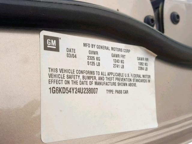 1G6KD54Y24U238007 - 2004 CADILLAC DEVILLE TAN photo 10