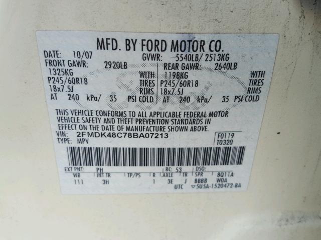 2FMDK48C78BA07213 - 2008 FORD EDGE SEL WHITE photo 10