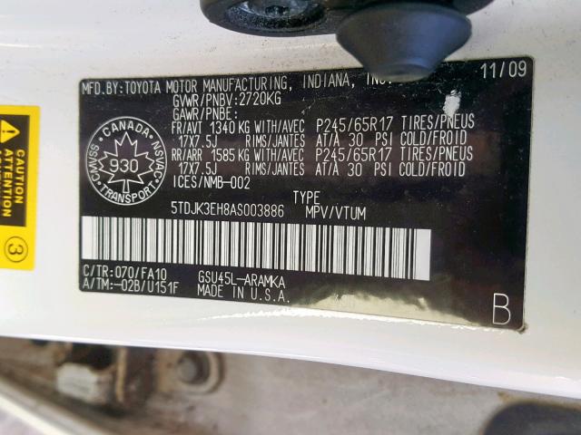 5TDJK3EH8AS003886 - 2010 TOYOTA HIGHLANDER WHITE photo 10