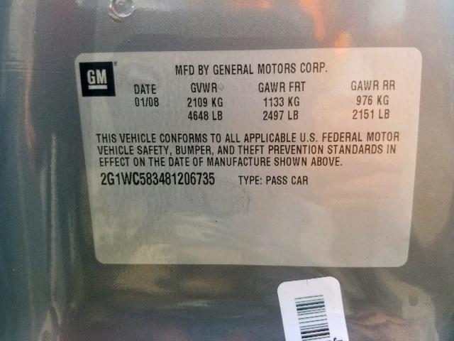 2G1WC583481206735 - 2008 CHEVROLET IMPALA LT GRAY photo 10