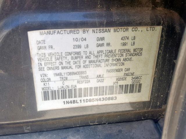 1N4BL11D85N430883 - 2005 NISSAN ALTIMA SE GRAY photo 10