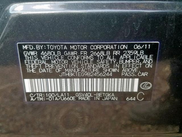 JTHBK1EG9B2456244 - 2011 LEXUS ES 350 GRAY photo 10