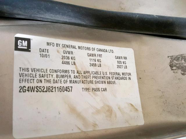 2G4WS52J621160457 - 2002 BUICK CENTURY CU GOLD photo 10