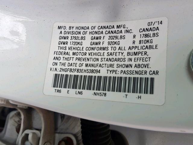 2HGFB2F83EH538094 - 2014 HONDA CIVIC EX WHITE photo 10