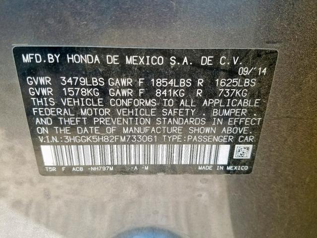 3HGGK5H82FM733061 - 2015 HONDA FIT EX CHARCOAL photo 10