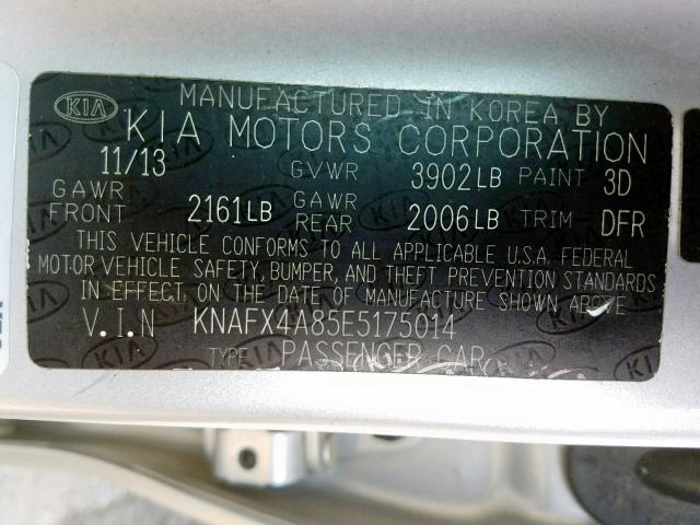 KNAFX4A85E5175014 - 2014 KIA FORTE EX SILVER photo 10