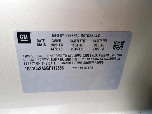 1G11C5SA5GF112663 - 2016 CHEVROLET MALIBU LIM TAN photo 10