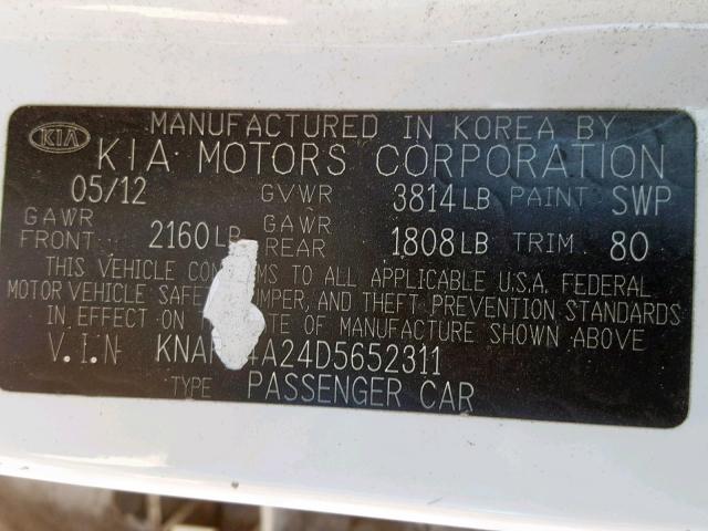 KNAFU4A24D5652311 - 2013 KIA FORTE EX WHITE photo 10