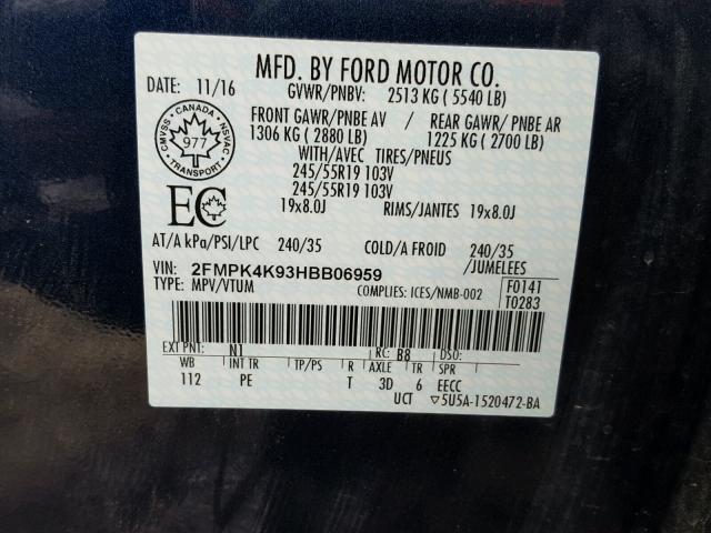 2FMPK4K93HBB06959 - 2017 FORD EDGE TITAN BLUE photo 10