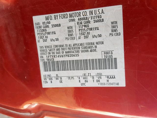 1FTYR14V6YPB20635 - 2000 FORD RANGER SUP RED photo 10