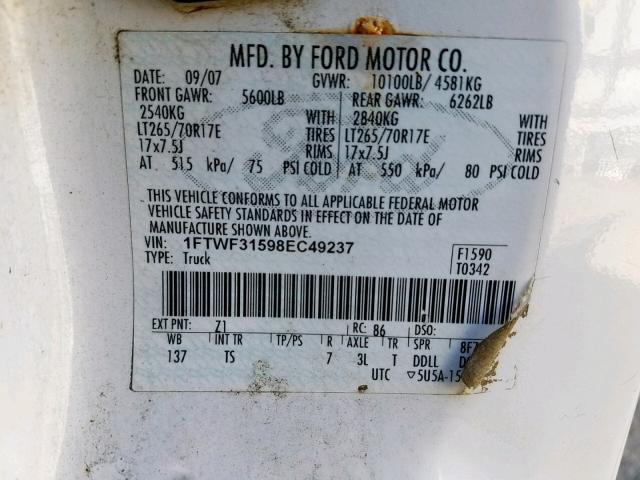 1FTWF31598EC49237 - 2008 FORD F350 SRW S WHITE photo 10