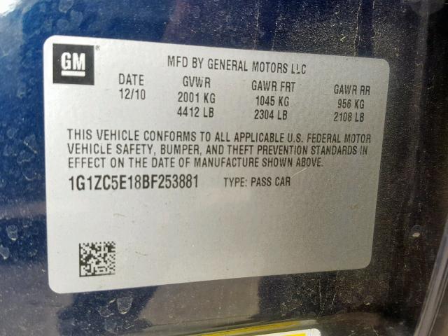 1G1ZC5E18BF253881 - 2011 CHEVROLET MALIBU 1LT BLUE photo 10