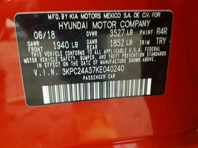 3KPC24A37KE040240 - 2019 HYUNDAI ACCENT SE RED photo 10