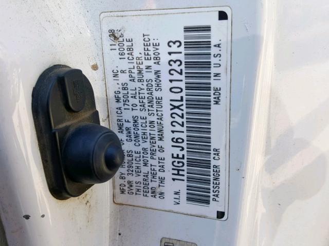 1HGEJ6122XL012313 - 1999 HONDA CIVIC DX WHITE photo 10