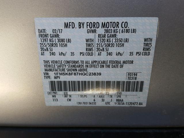 1FM5K8F87HGC23839 - 2017 FORD EXPLORER L BLUE photo 10