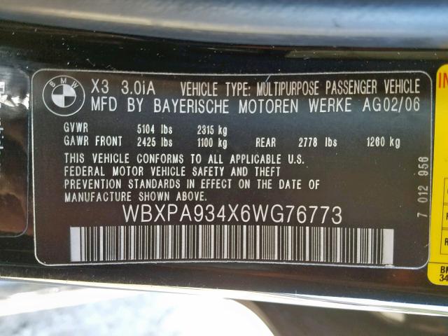 WBXPA934X6WG76773 - 2006 BMW X3 3.0I BLACK photo 10