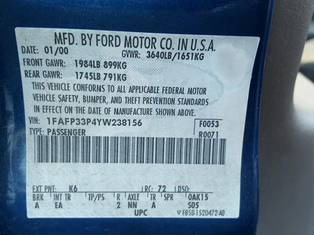 1FAFP33P4YW238156 - 2000 FORD FOCUS LX BLUE photo 10