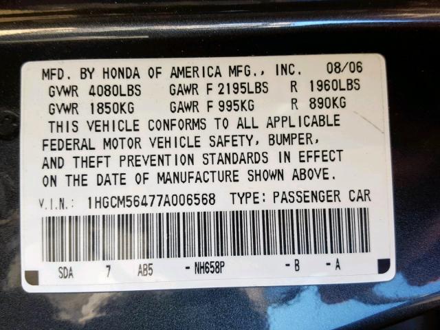 1HGCM56477A006568 - 2007 HONDA ACCORD LX GRAY photo 10