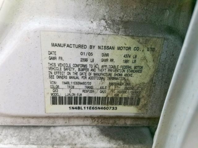 1N4BL11E65N460733 - 2005 NISSAN ALTIMA SE WHITE photo 10