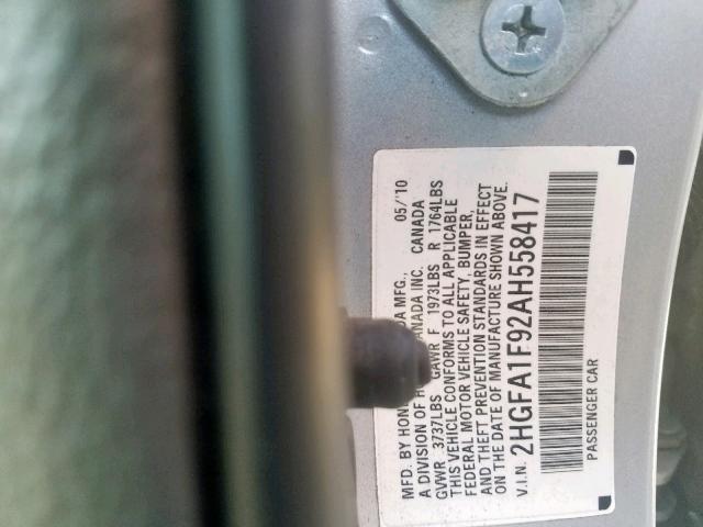 2HGFA1F92AH558417 - 2010 HONDA CIVIC EXL Արծաթագույն լուսանկար 10