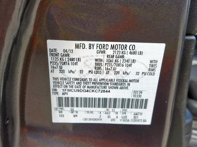 1FMCU9DG4CKC72844 - 2012 FORD ESCAPE XLT GRAY photo 10