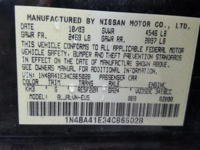 1N4BA41E34C865028 - 2004 NISSAN MAXIMA SE BLACK photo 10