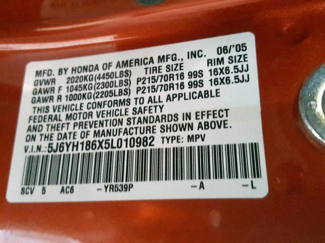 5J6YH186X5L010982 - 2005 HONDA ELEMENT EX ORANGE photo 10