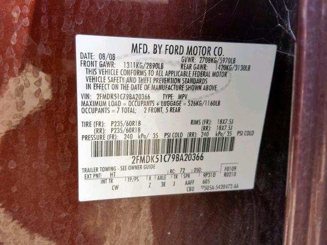 2FMDK51C79BA20366 - 2009 FORD FLEX SE MAROON photo 10