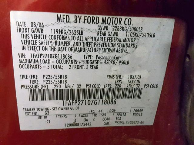 1FAFP27107G118086 - 2007 FORD FIVE HUNDR RED photo 10