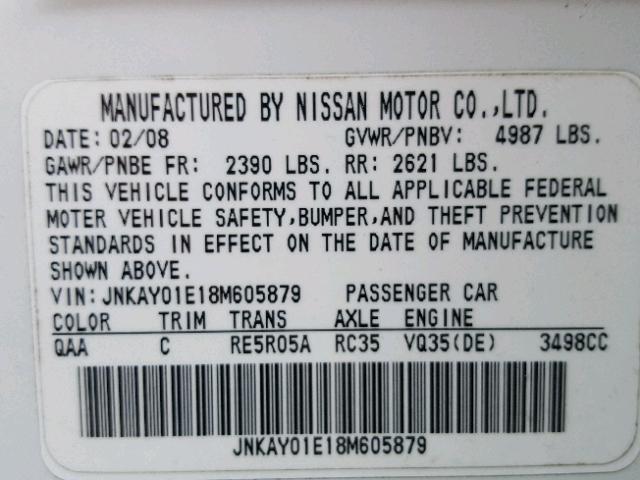 JNKAY01E18M605879 - 2008 INFINITI M35 BASE WHITE photo 10