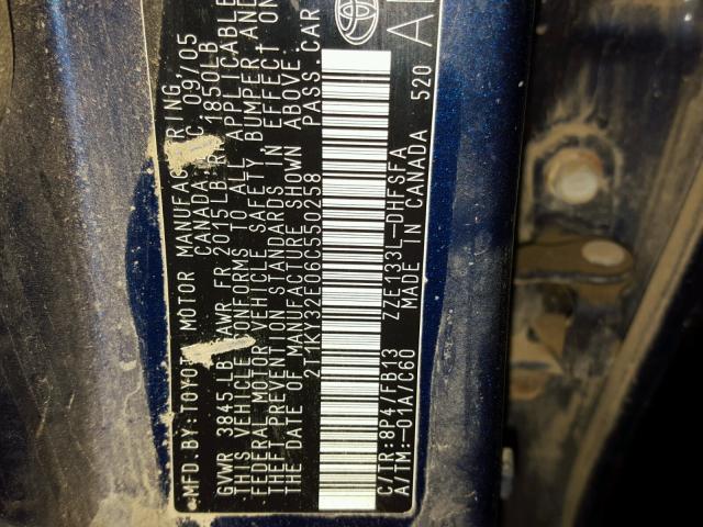 2T1KY32E06C550258 - 2006 TOYOTA COROLLA MA BLUE photo 10