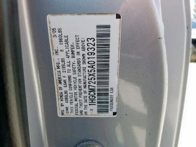 1HGCM725X5A019323 - 2005 HONDA ACCORD LX SILVER photo 10