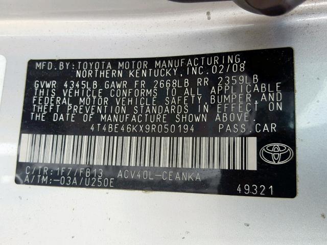 4T4BE46KX9R050194 - 2009 TOYOTA CAMRY BASE SILVER photo 10