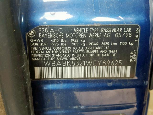 WBABK8321WEY89625 - 1998 BMW 328 IC AUT BLUE photo 10