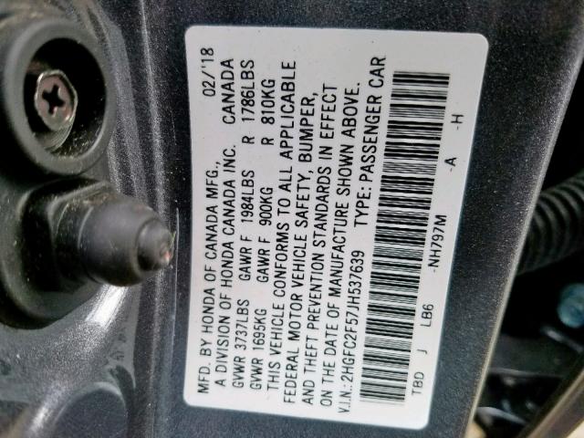 2HGFC2F57JH537639 - 2018 HONDA CIVIC LX GREEN photo 10