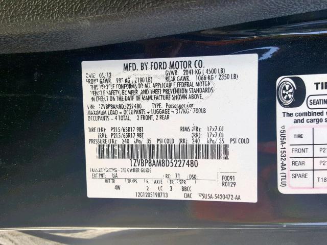 1ZVBP8AM8D5227480 - 2013 FORD MUSTANG BLACK photo 10