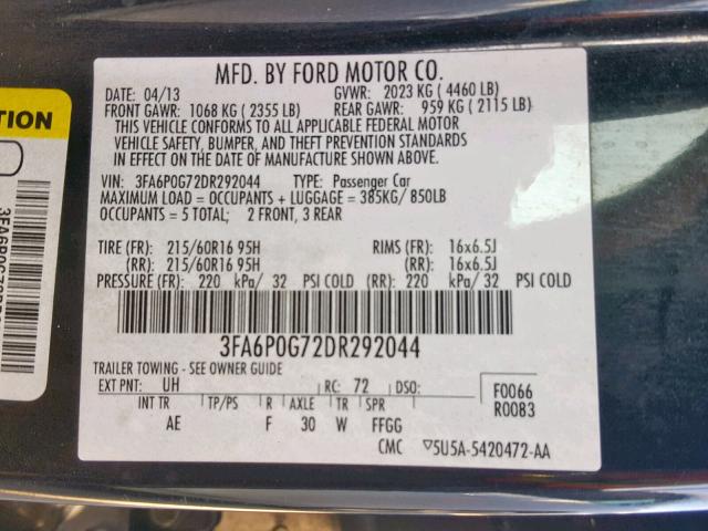 3FA6P0G72DR292044 - 2013 FORD FUSION S BLACK photo 10