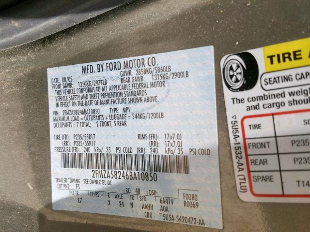 2FMZA58246BA10850 - 2006 FORD FREESTAR L GREEN photo 10