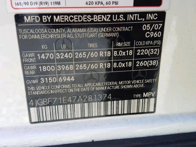 4JGBF71E47A281374 - 2007 MERCEDES-BENZ GL 450 4MA WHITE photo 10