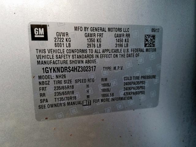 1GYKNDRS4HZ302317 - 2017 CADILLAC XT5 LUXURY SILVER photo 10