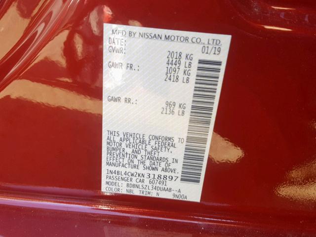 1N4BL4CW2KN318897 - 2019 NISSAN ALTIMA SR RED photo 10