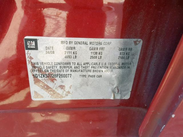 1G1ZK57728F260077 - 2008 CHEVROLET MALIBU LTZ წითელი ფოტო 10