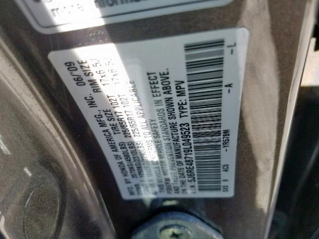 5J6RE48719L049523 - 2009 HONDA CR-V EXL GRAY photo 10