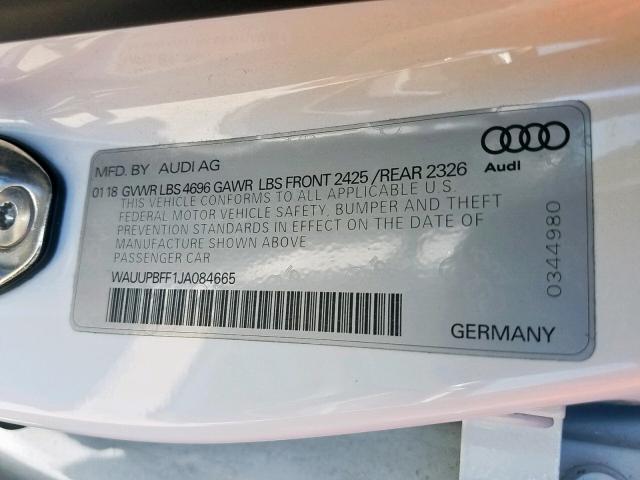 WAUUPBFF1JA084665 - 2018 AUDI A3 E-TRON WHITE photo 10