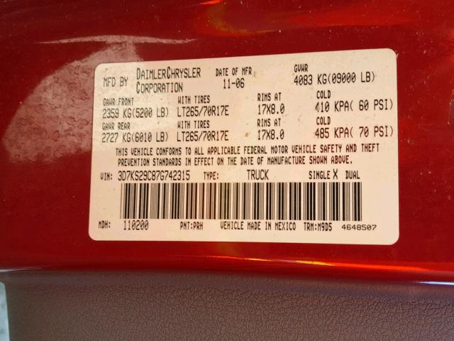 3D7KS29C87G742315 - 2007 DODGE RAM 2500 RED photo 10